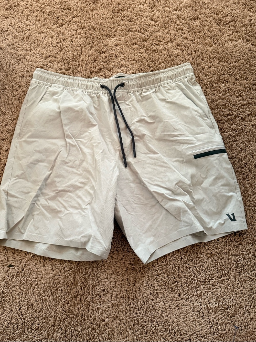 Vuori Off-White Athletic Shorts with Black Drawcord
